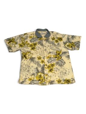 Vintage M.E. Sport Linen Cotton Floral Hawaiian Shirt with Knit Collar Size L
